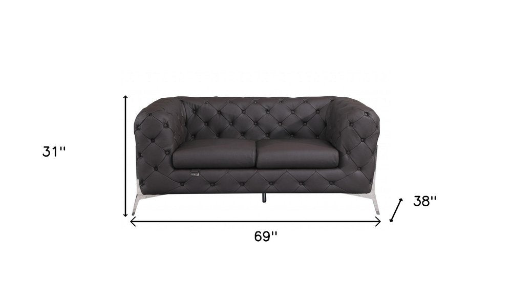 Giancarlo 69" Brown Italian Leather Loveseat with Silver Legs