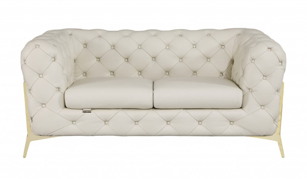 Aurelia 69″ Beige & Gold Italian Leather Loveseat with Tufted Back