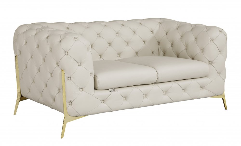Aurelia 69″ Beige & Gold Italian Leather Loveseat with Tufted Back