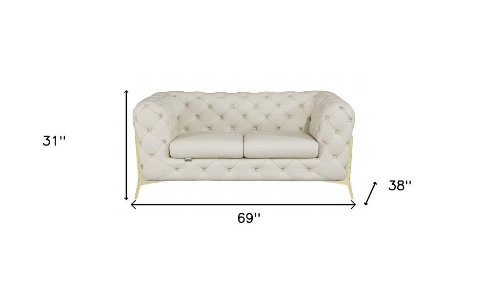 Vittoria 69" Beige Italian Leather Loveseat with Gold Legs