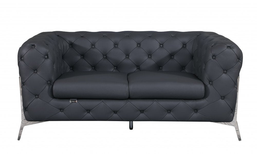 Lorenzo 69" Gray Italian Leather Loveseat with Silver Legs