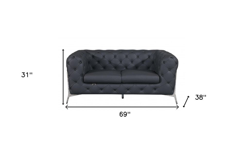 Lorenzo 69" Gray Italian Leather Loveseat with Silver Legs