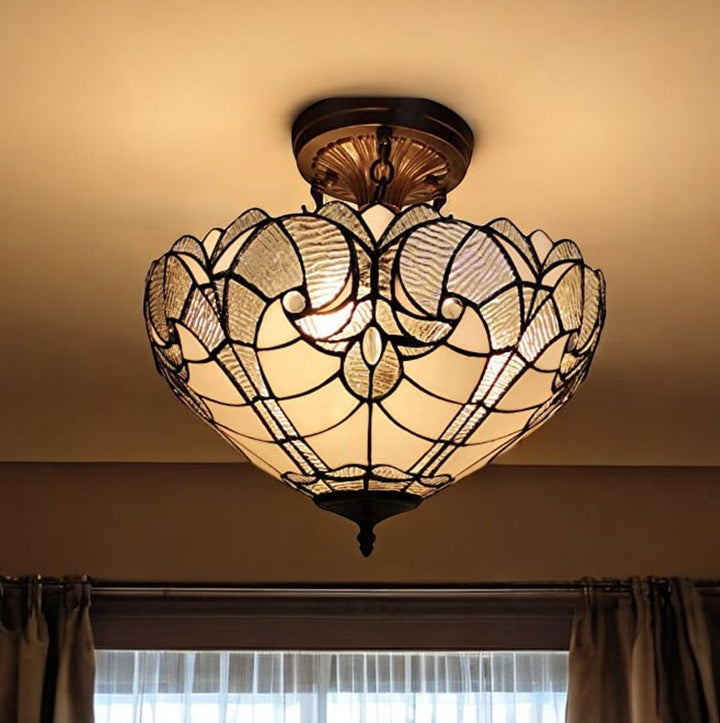 Solange 16" Tiffany-Style Semi Flush Ceiling Light in Golden Yellow and Warm Brown