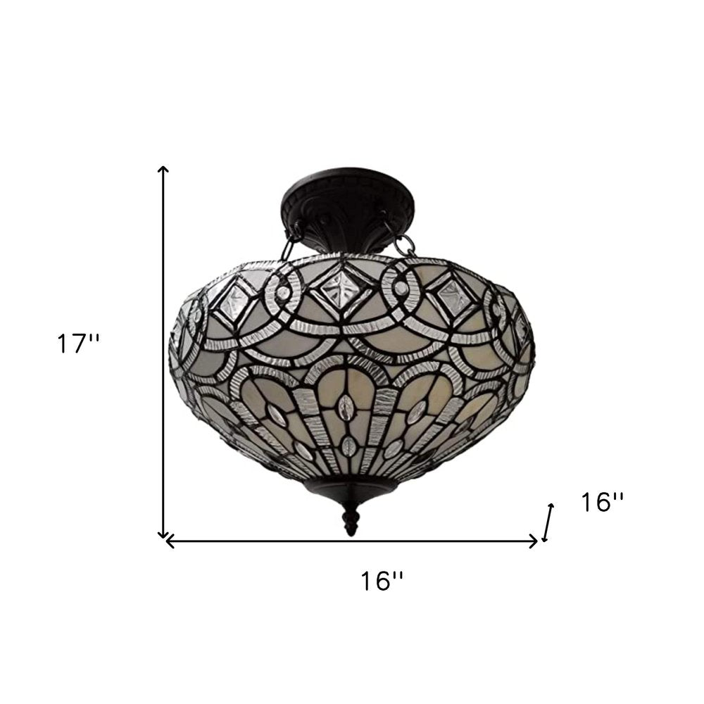 Valbonne 16" Tiffany-Style Semi Flush Ceiling Light in Dark Brown and Gray