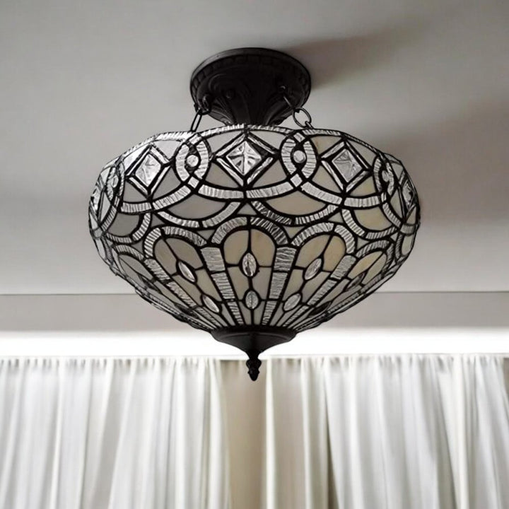 Valbonne 16" Tiffany-Style Semi Flush Ceiling Light in Dark Brown and Gray