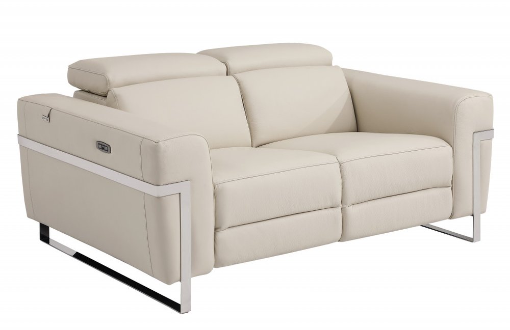 Vivienne 65" Beige Italian Leather Power Reclining Loveseat with Silver Legs