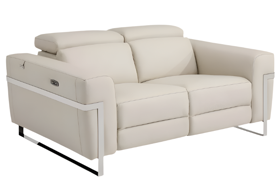 Vivienne 65" Beige Italian Leather Power Reclining Loveseat with Silver Legs