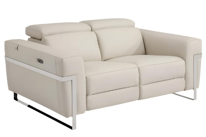 Vivienne 65" Beige Italian Leather Power Reclining Loveseat with Silver Legs