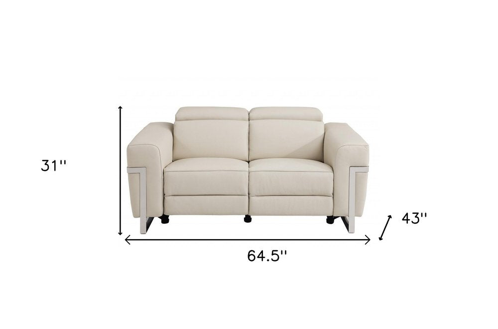 Vivienne 65" Beige Italian Leather Power Reclining Loveseat with Silver Legs