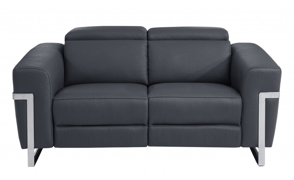 Mathieu 65" Gray Italian Leather Power Reclining Loveseat with Silver Legs
