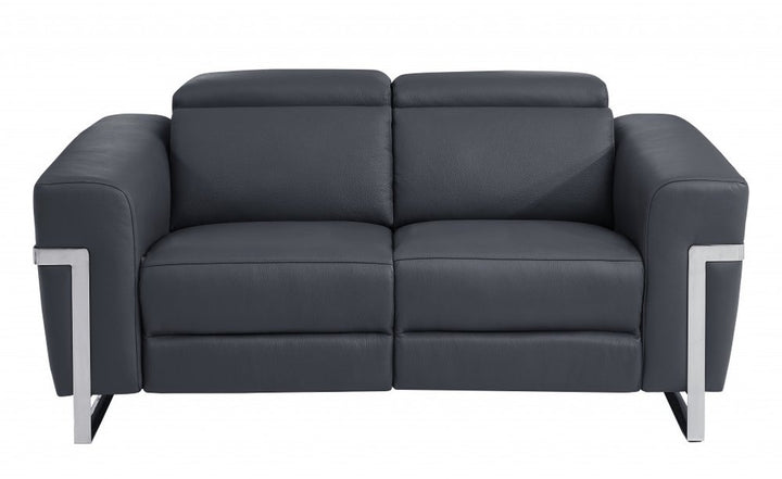 Mathieu 65" Gray Italian Leather Power Reclining Loveseat with Silver Legs