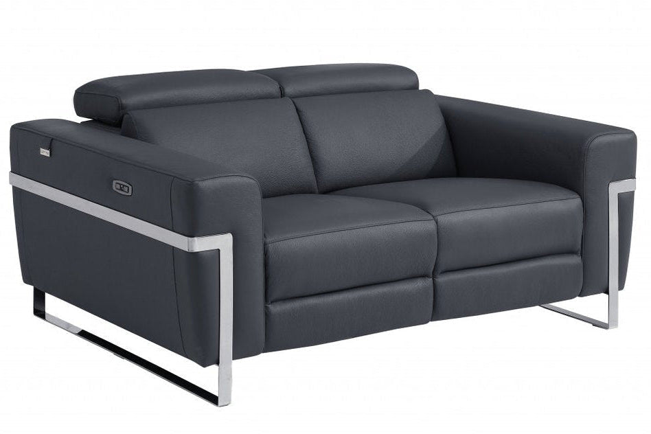 Mathieu 65" Gray Italian Leather Power Reclining Loveseat with Silver Legs