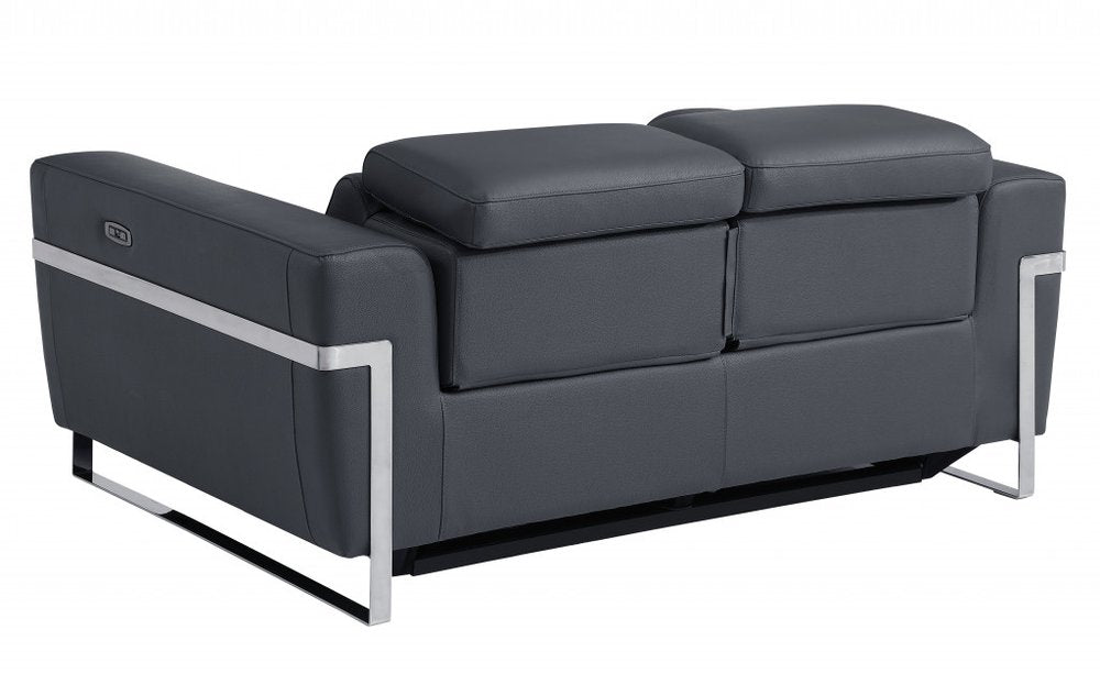 Mathieu 65" Gray Italian Leather Power Reclining Loveseat with Silver Legs