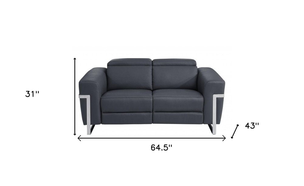 Mathieu 65" Gray Italian Leather Power Reclining Loveseat with Silver Legs