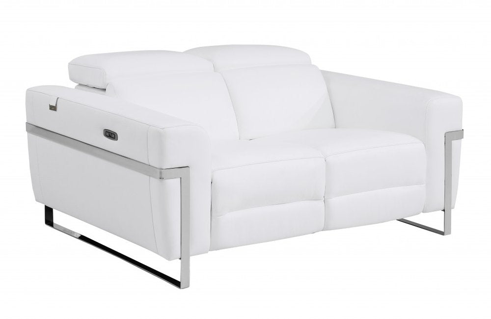 Éloise 65" White Italian Leather Power Reclining Loveseat with Silver Legs