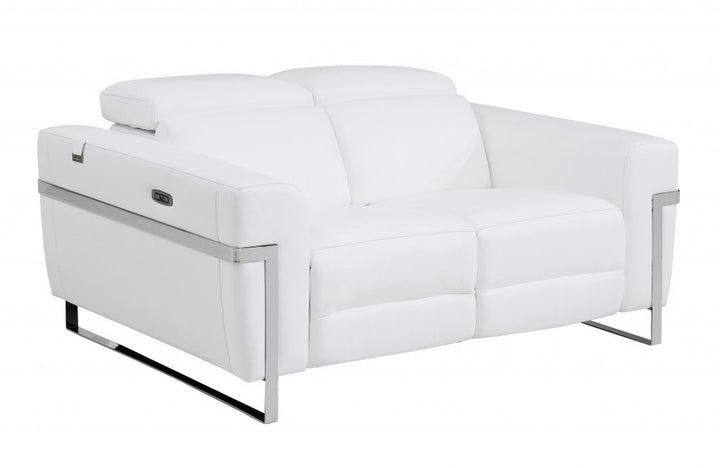 Éloise 65" White Italian Leather Power Reclining Loveseat with Silver Legs