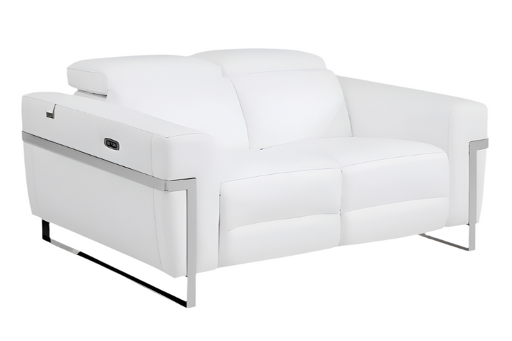 Éloise 65" White Italian Leather Power Reclining Loveseat with Silver Legs