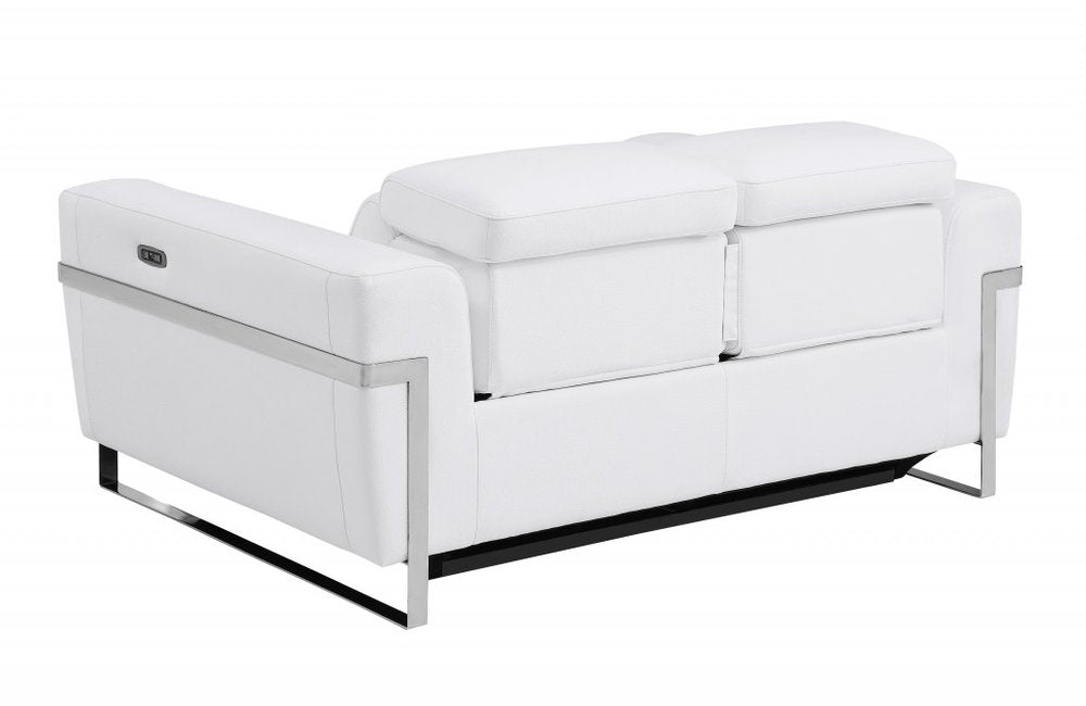 Éloise 65" White Italian Leather Power Reclining Loveseat with Silver Legs