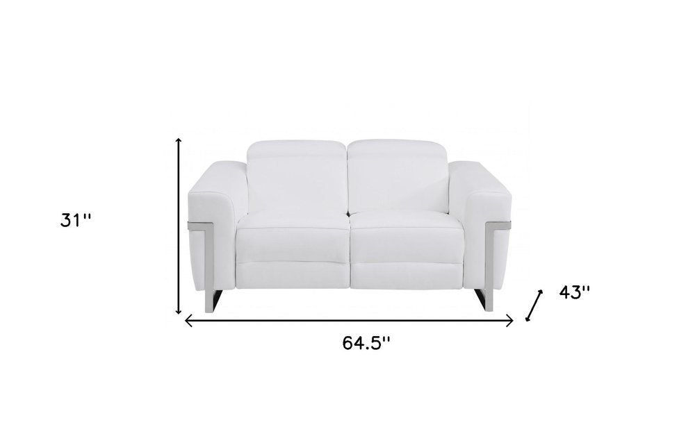 Éloise 65" White Italian Leather Power Reclining Loveseat with Silver Legs
