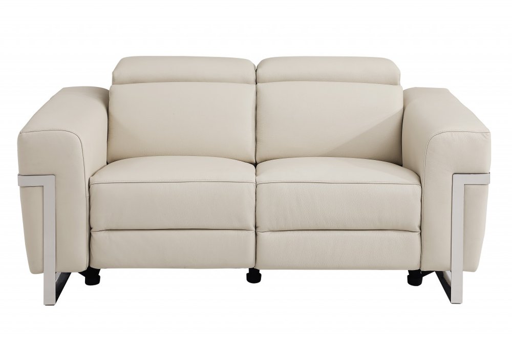 Camille 65" Beige Italian Leather Power Reclining Loveseat with Silver Legs