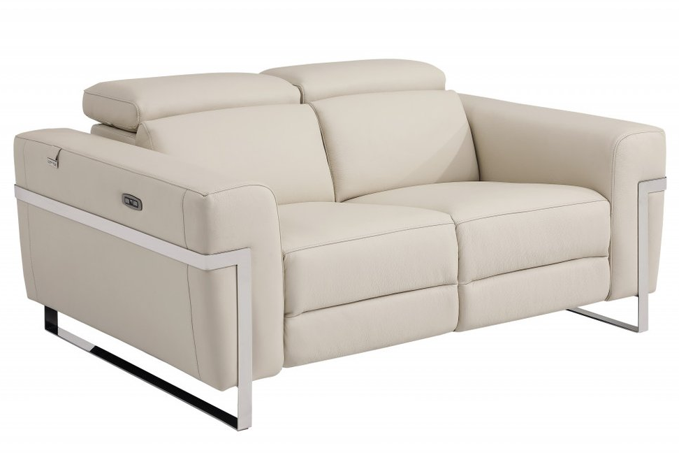 Camille 65" Beige Italian Leather Power Reclining Loveseat with Silver Legs