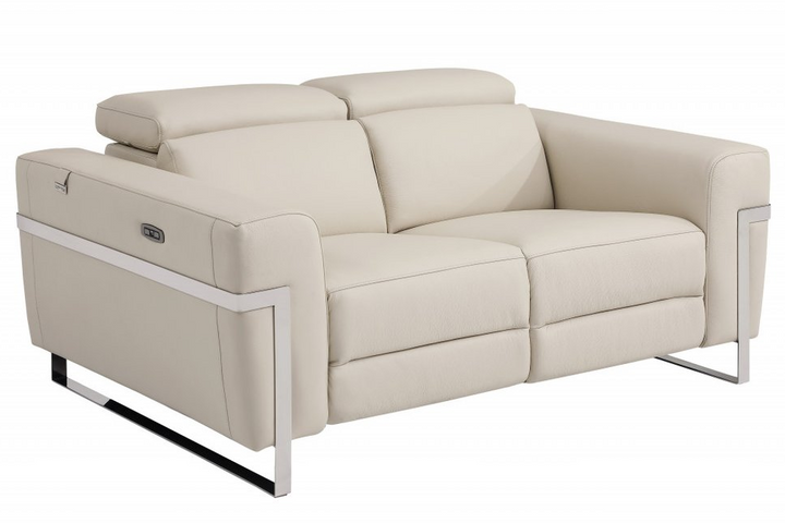 Camille 65" Beige Italian Leather Power Reclining Loveseat with Silver Legs