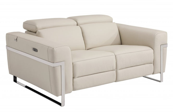 Camille 65" Beige Italian Leather Power Reclining Loveseat with Silver Legs