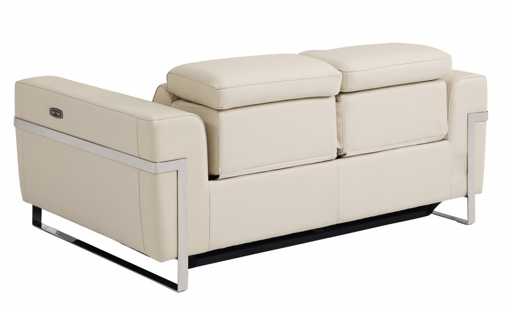 Camille 65" Beige Italian Leather Power Reclining Loveseat with Silver Legs
