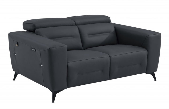 Étienne 65" Gray Italian Leather Power Reclining Loveseat with Black Legs