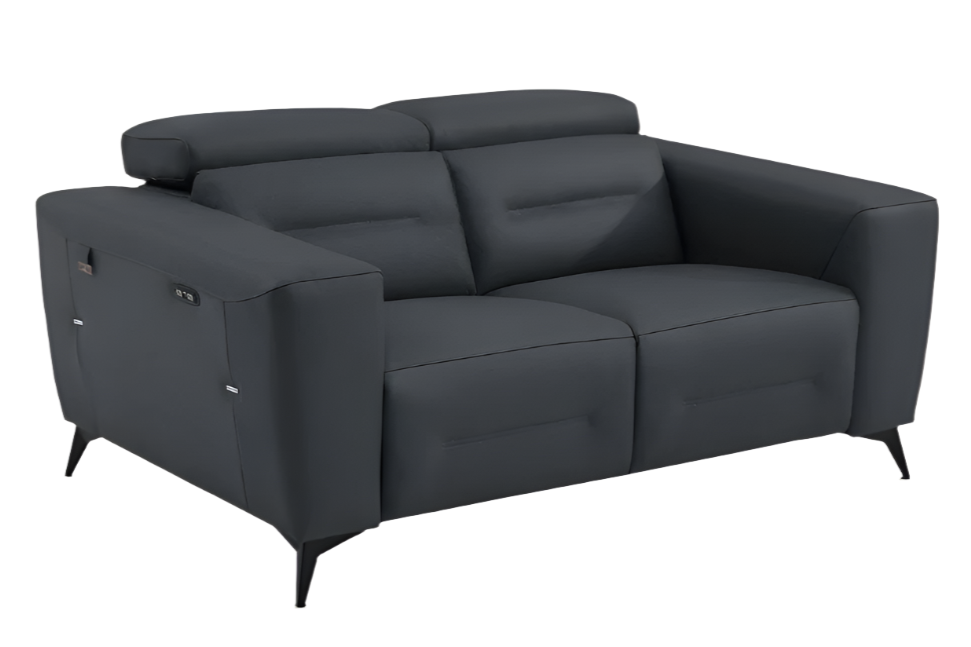 Étienne 65" Gray Italian Leather Power Reclining Loveseat with Black Legs
