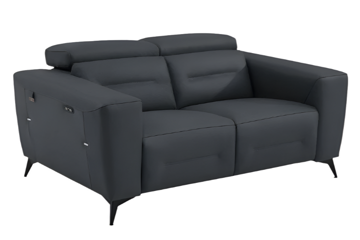 Étienne 65" Gray Italian Leather Power Reclining Loveseat with Black Legs