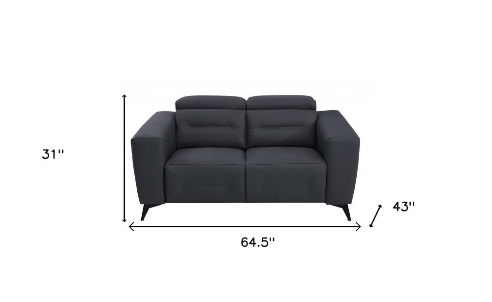 Étienne 65" Gray Italian Leather Power Reclining Loveseat with Black Legs