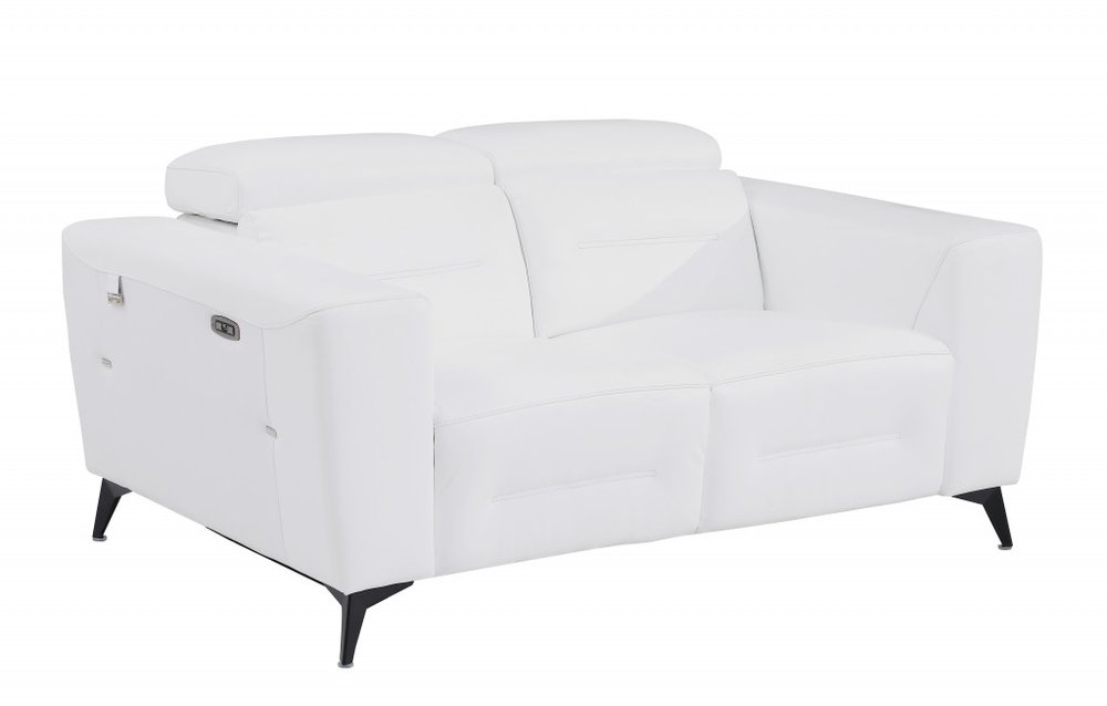 Marceau 65" White Italian Leather Power Reclining Loveseat with Black Legs