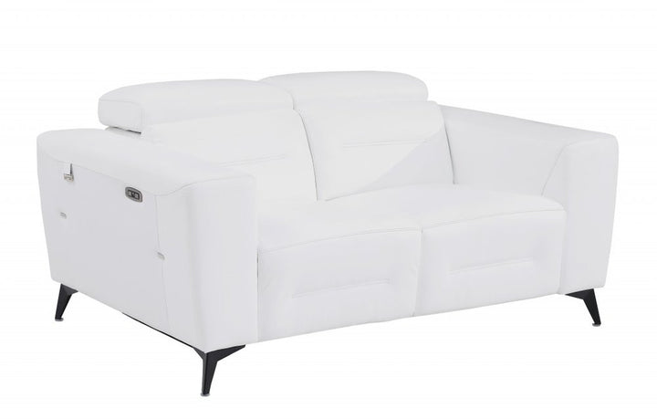 Marceau 65" White Italian Leather Power Reclining Loveseat with Black Legs
