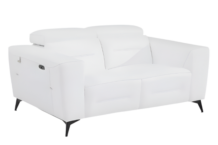 Marceau 65" White Italian Leather Power Reclining Loveseat with Black Legs