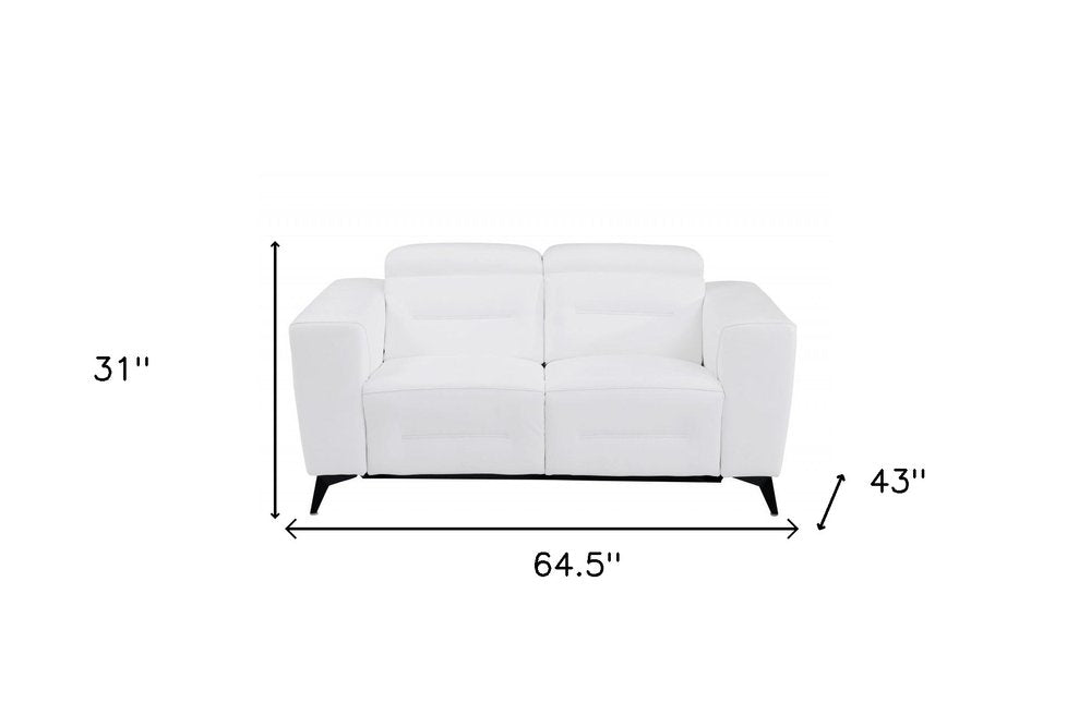 Marceau 65" White Italian Leather Power Reclining Loveseat with Black Legs