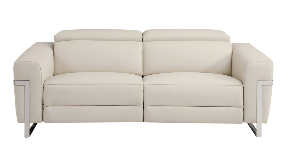 Siena 83" Beige Italian Leather USB Power Reclining Sofa with Silver Stainless Steel Legs