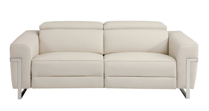 Siena 83" Beige Italian Leather USB Power Reclining Sofa with Silver Stainless Steel Legs