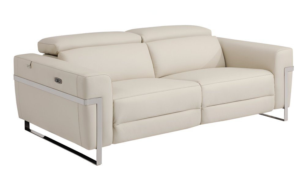 Siena 83" Beige Italian Leather USB Power Reclining Sofa with Silver Stainless Steel Legs