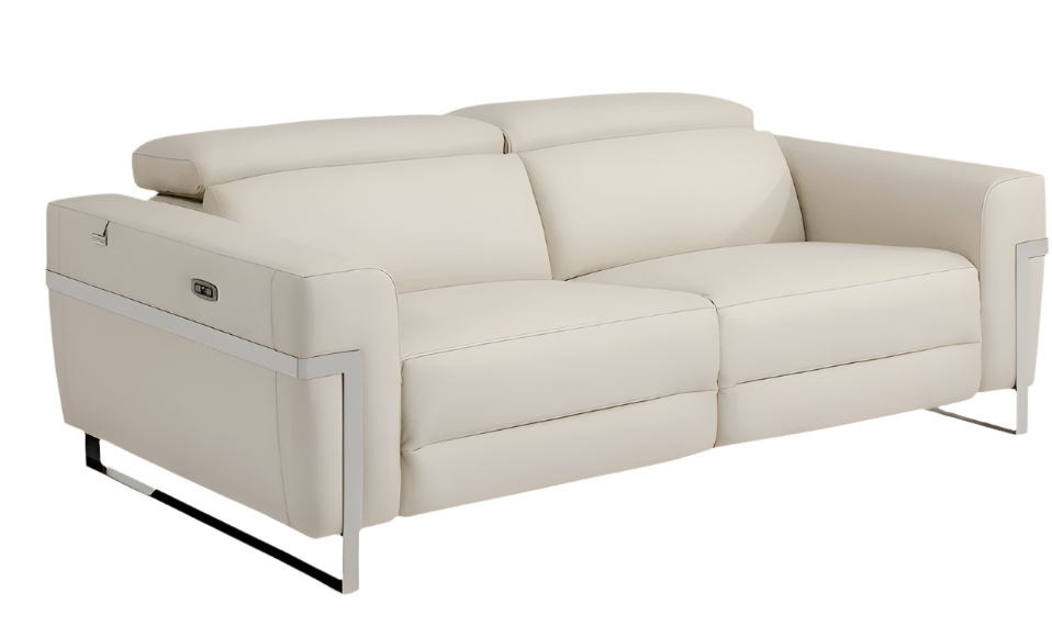 Siena 83" Beige Italian Leather USB Power Reclining Sofa with Silver Stainless Steel Legs