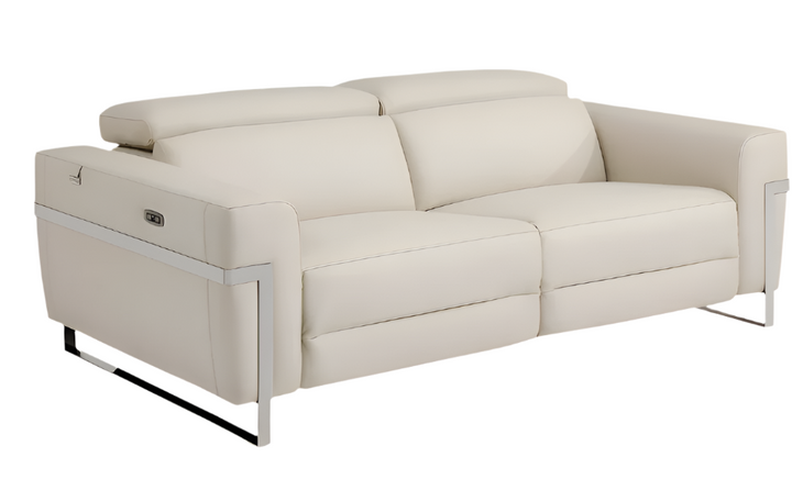 Siena 83" Beige Italian Leather USB Power Reclining Sofa with Silver Stainless Steel Legs