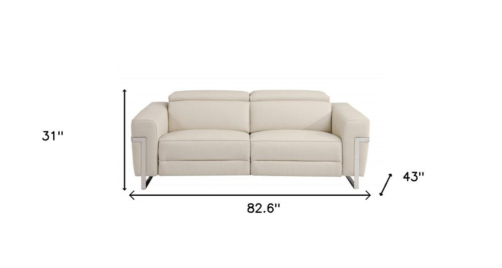 Siena 83" Beige Italian Leather USB Power Reclining Sofa with Silver Stainless Steel Legs