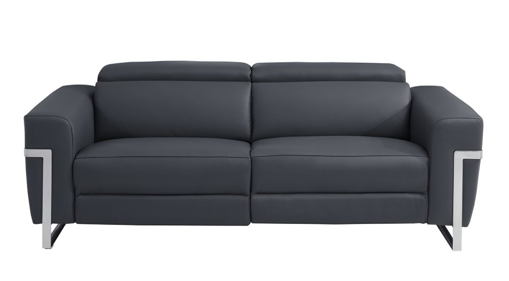 Luca 83" Dark Gray Italian Leather USB Power Reclining Sofa with Silver Stainless Steel Legs