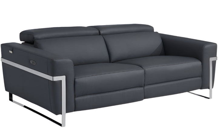 Luca 83" Dark Gray Italian Leather USB Power Reclining Sofa with Silver Stainless Steel Legs