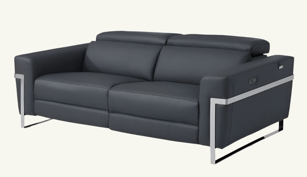 Luca 83" Dark Gray Italian Leather USB Power Reclining Sofa with Silver Stainless Steel Legs