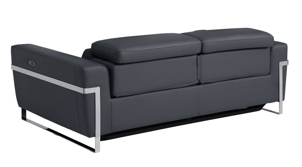 Luca 83" Dark Gray Italian Leather USB Power Reclining Sofa with Silver Stainless Steel Legs