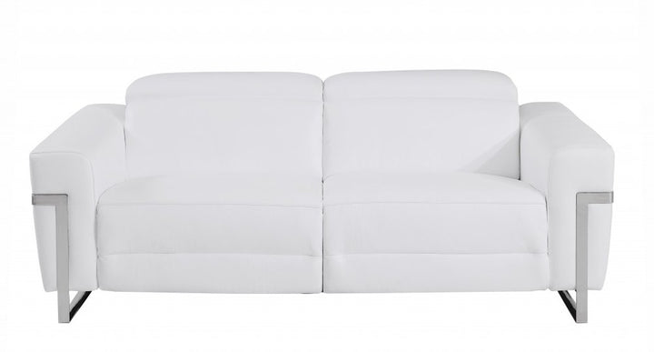 Alessio 83" White Italian Leather USB Power Reclining Sofa with Chrome Legs