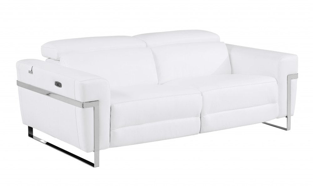 Alessio 83" White Italian Leather USB Power Reclining Sofa with Chrome Legs