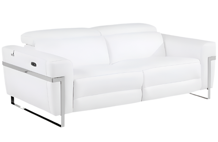 Alessio 83" White Italian Leather USB Power Reclining Sofa with Chrome Legs