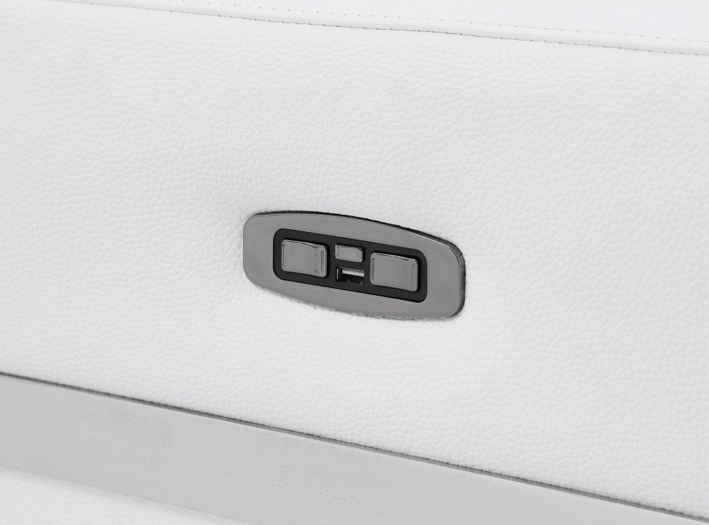 Alessio 83" White Italian Leather USB Power Reclining Sofa with Chrome Legs